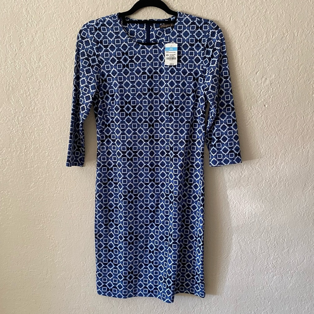 J. McLaughlin Navy Hexagon Pattern Long-Sleeve Mini Dress Size XS Stretch Beach - Picture 2 of 11